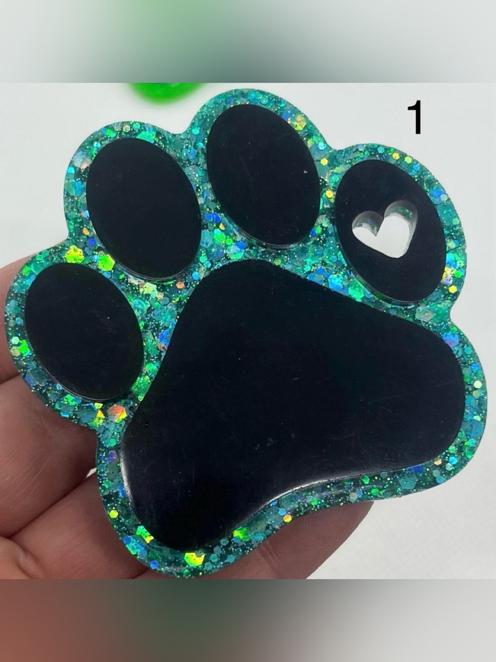 Magnet or Keychain- you choose! Green glitter paw print with heart-shaped cutout